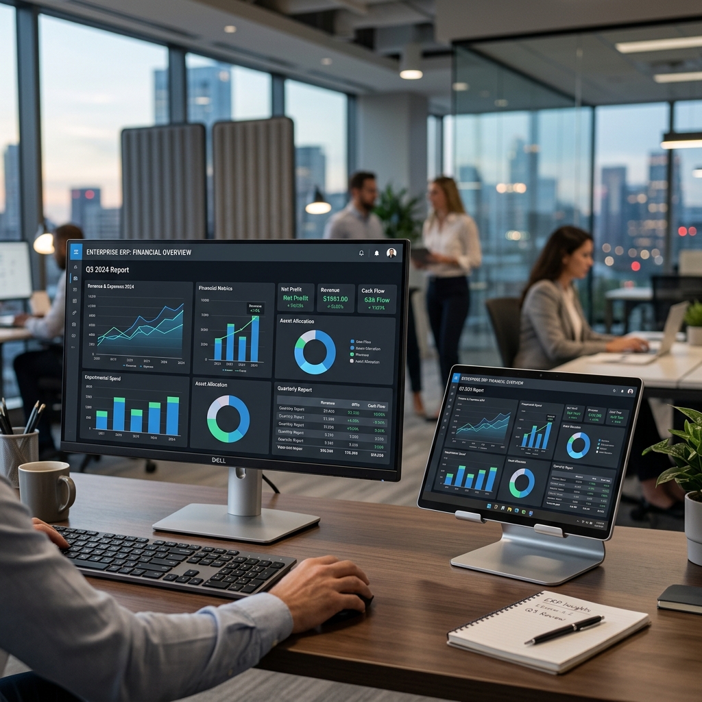 Microsoft Dynamics 365 Business Central ERP system dashboard with interactive financial charts and report graphs