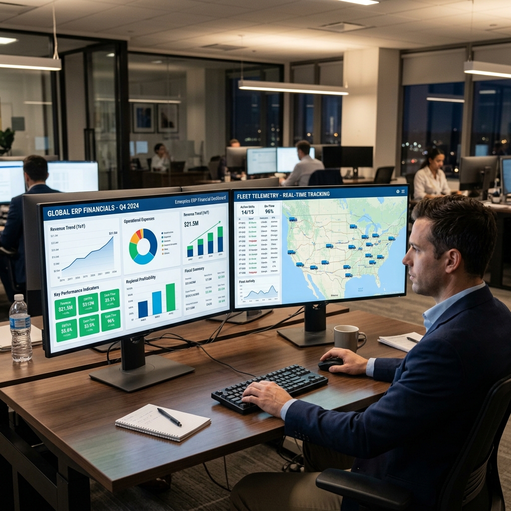 FGI Tech Solutions — Business Central ERP and Fleet GPS dashboard side by side